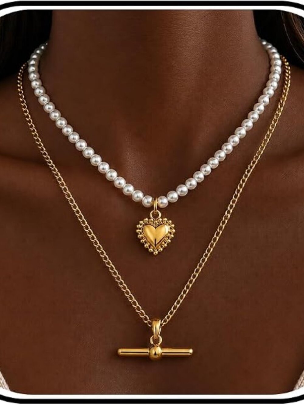 Layered Pearl Heart T-Bar Necklace Silver Tone Toggle Choker Set